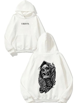 Urbvn Dead Pray Tasarım Baskılı Oversize Beyaz Kapüşonlu Sweatshirt