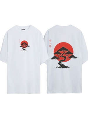 Urbvn Japan Tree 1 Tasarım Baskılı Beyaz Oversize T Shirt