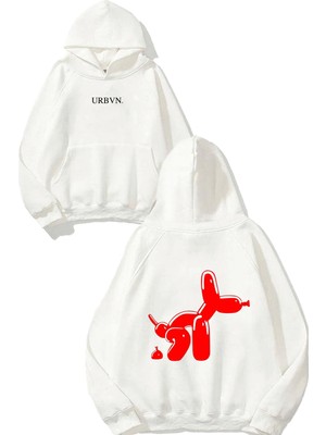 Urbvn Baloon Puppy Tasarım Baskılı Oversize Beyaz Kapüşonlu Sweatshirt
