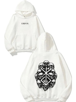 Urbvn Kurukafalar Tasarım Baskılı Oversize Beyaz Kapüşonlu Sweatshirt