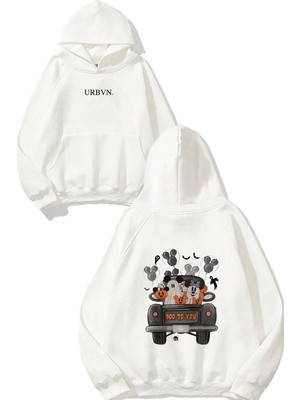 Urbvn Boo To You Tasarım Baskılı Oversize Beyaz Kapüşonlu Sweatshirt