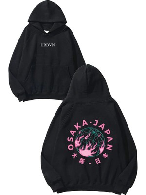 Urbvn Japan Osaka Tasarım Baskılı Oversize Siyah Kapüşonlu Sweatshirt