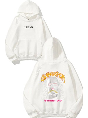 Urbvn Street Div Tasarım Baskılı Oversize Beyaz Kapüşonlu Sweatshirt