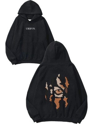 Urbvn Pençe Tasarım Baskılı Oversize Siyah Kapüşonlu Sweatshirt
