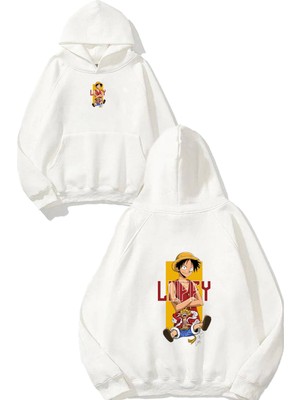 Urbvn Looffyy Tasarım Baskılı Oversize Beyaz Kapüşonlu Sweatshirt