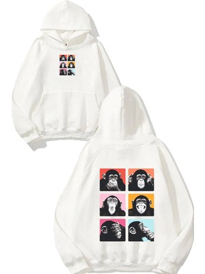 Urbvn Monkey Faces Tasarım Baskılı Oversize Beyaz Kapüşonlu Sweatshirt