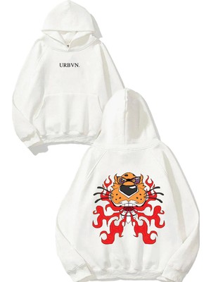 Urbvn Flame Tiger Tasarım Baskılı Oversize Beyaz Kapüşonlu Sweatshirt