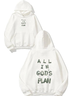 Urbvn Gods Plan Tasarım Baskılı Oversize Beyaz Kapüşonlu Sweatshirt