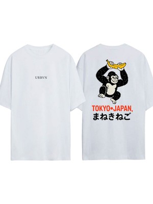 Urbvn Tokyo Monkey Tasarım Baskılı Beyaz Oversize T-Shirt