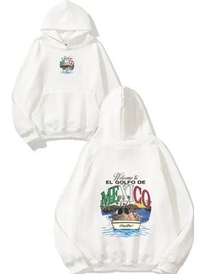 Urbvn Mexico Tasarım Baskılı Oversize Beyaz Kapüşonlu Sweatshirt