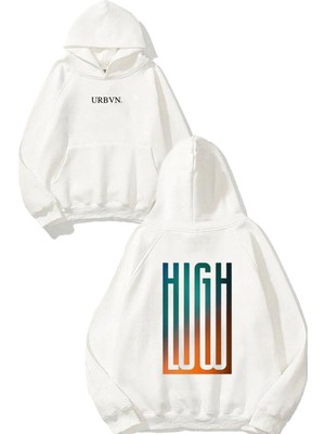 Urbvn High Low Tasarım Baskılı Oversize Beyaz Kapüşonlu Sweatshirt