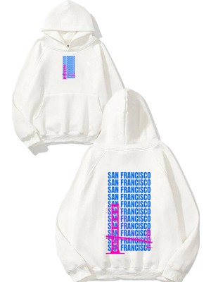Urbvn San Francisco Bridge Tasarım Baskılı Oversize Beyaz Kapüşonlu Sweatshirt