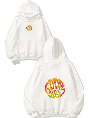 Urbvn Good Vibes Tasarım Baskılı Oversize Beyaz Kapüşonlu Sweatshirt