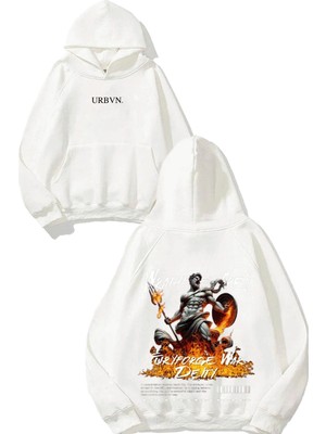 Urbvn Fury Tasarım Baskılı Oversize Beyaz Kapüşonlu Sweatshirt