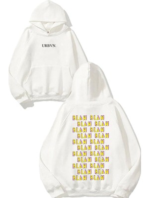 Urbvn Blah Tasarım Baskılı Oversize Beyaz Kapüşonlu Sweatshirt