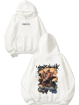 Urbvn Antik Resim Tasarım Baskılı Oversize Beyaz Kapüşonlu Sweatshirt