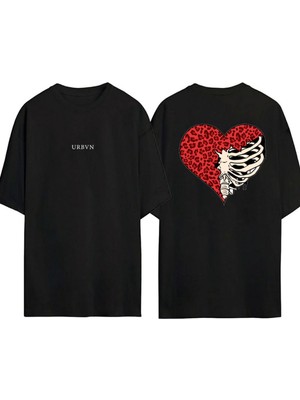 Urbvn Skulls Loves Tasarım Baskılı Siyah Oversize T Shirt