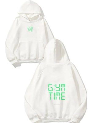 Urbvn Gym Time Tasarım Baskılı Oversize Beyaz Kapüşonlu Sweatshirt
