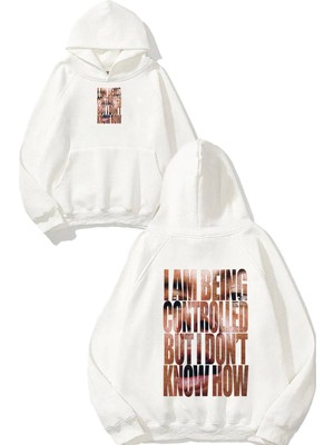 Urbvn Being Controlled Tasarım Baskılı Oversize Beyaz Kapüşonlu Sweatshirt