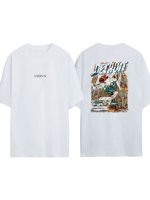 Urbvn Detroit Tasarım Baskılı Beyaz Oversize T-Shirt