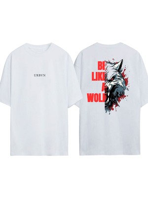 Urbvn Be Like Wolf Tasarım Baskılı Beyaz Oversize T-Shirt