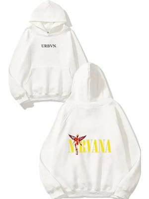 Urbvn Nirvana Yazı Tasarım Baskılı Oversize Beyaz Kapüşonlu Sweatshirt