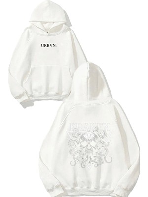 Urbvn Kraken Skull Tasarım Baskılı Oversize Beyaz Kapüşonlu Sweatshirt