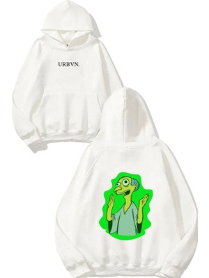 Urbvn Green Man Tasarım Baskılı Oversize Beyaz Kapüşonlu Sweatshirt