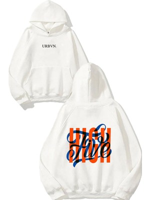 Urbvn High Five Tasarım Baskılı Oversize Beyaz Kapüşonlu Sweatshirt