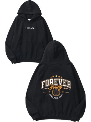 Urbvn Forever Young Tasarım Baskılı Oversize Siyah Kapüşonlu Sweatshirt