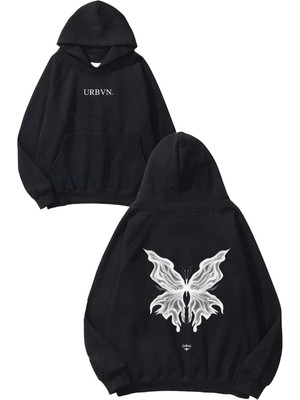 Urbvn White Butterfly Tasarım Baskılı Oversize Siyah Kapüşonlu Sweatshirt