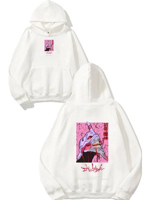 Urbvn Japan Monster Tasarım Baskılı Oversize Beyaz Kapüşonlu Sweatshirt