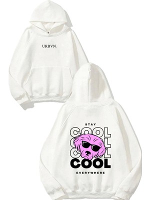 Urbvn Cool Dog Tasarım Baskılı Oversize Beyaz Kapüşonlu Sweatshirt