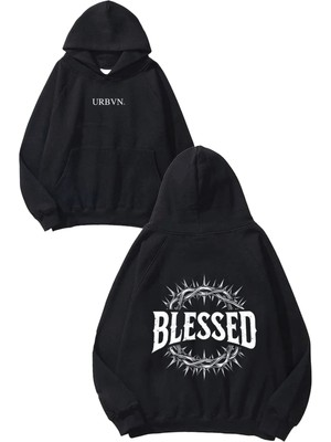Urbvn Blessed Chain Tasarım Baskılı Oversize Siyah Kapüşonlu Sweatshirt