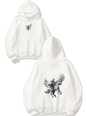 Urbvn Pegasus Tasarım Baskılı Oversize Beyaz Kapüşonlu Sweatshirt