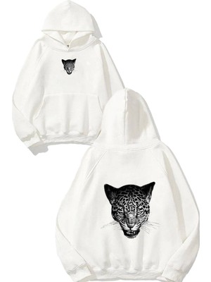 Urbvn Leopard Face Tasarım Baskılı Oversize Beyaz Kapüşonlu Sweatshirt