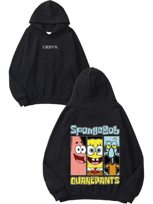 Urbvn Spongebob Faces Tasarım Baskılı Oversize Siyah Kapüşonlu Sweatshirt