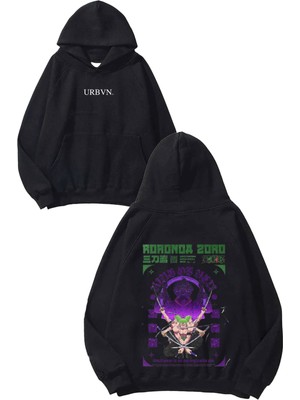 Urbvn Anime Zoro Tasarım Baskılı Oversize Siyah Kapüşonlu Sweatshirt