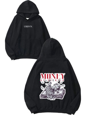 Urbvn Money On My Mind Tasarım Baskılı Oversize Siyah Kapüşonlu Sweatshirt