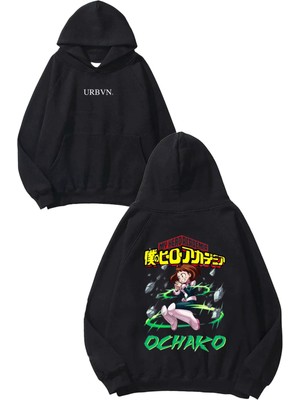 Urbvn Ochako Tasarım Baskılı Oversize Siyah Kapüşonlu Sweatshirt