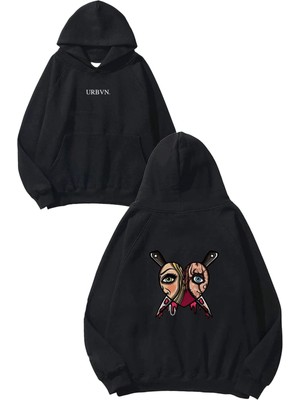 Urbvn Chucky Tasarım Baskılı Oversize Siyah Kapüşonlu Sweatshirt