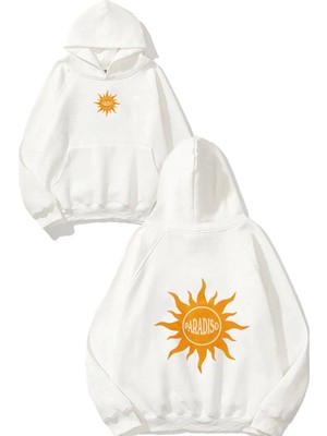 Urbvn Paradiso Tasarım Baskılı Oversize Beyaz Kapüşonlu Sweatshirt
