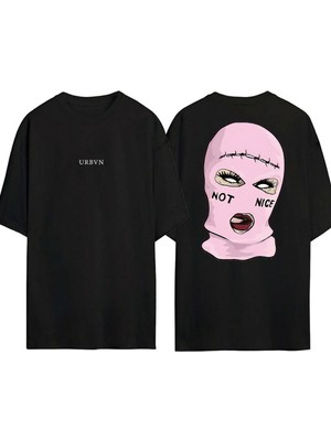 Urbvn Gang Mask Tasarım Baskılı Siyah Oversize T Shirt