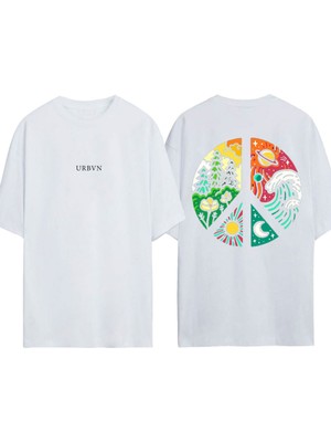 Urbvn Peace 4 Tasarım Baskılı Beyaz Oversize T-Shirt