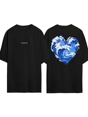 Urbvn Sea Loves Tasarım Baskılı Siyah Oversize T Shirt