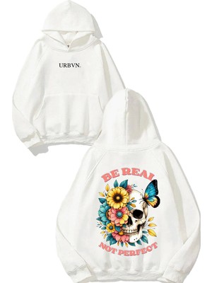 Urbvn Be Real Skull Tasarım Baskılı Oversize Beyaz Kapüşonlu Sweatshirt