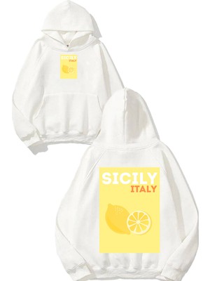 Urbvn Sicily Tasarım Baskılı Oversize Beyaz Kapüşonlu Sweatshirt