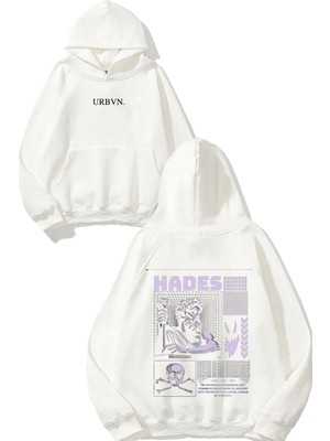 Urbvn Hades Darkness Tasarım Baskılı Oversize Beyaz Kapüşonlu Sweatshirt