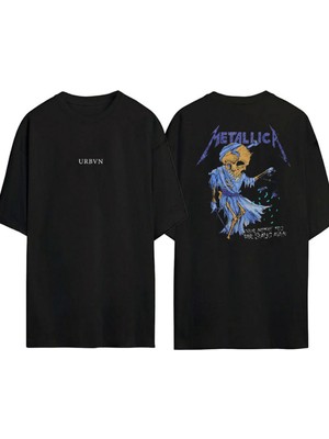 Urbvn Metallica Purple Tasarım Baskılı Siyah Oversize T Shirt