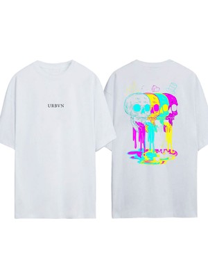 Urbvn Neon Skulls Tasarım Baskılı Beyaz Oversize T-Shirt